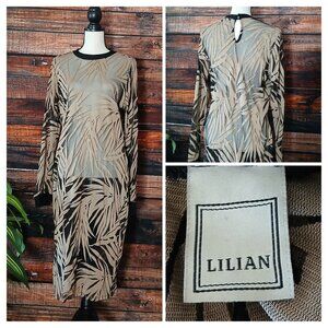 Lilian Vintage 80s Dress 3X Sheer Mesh Midi Black Gold Leaf Bodycon US Made